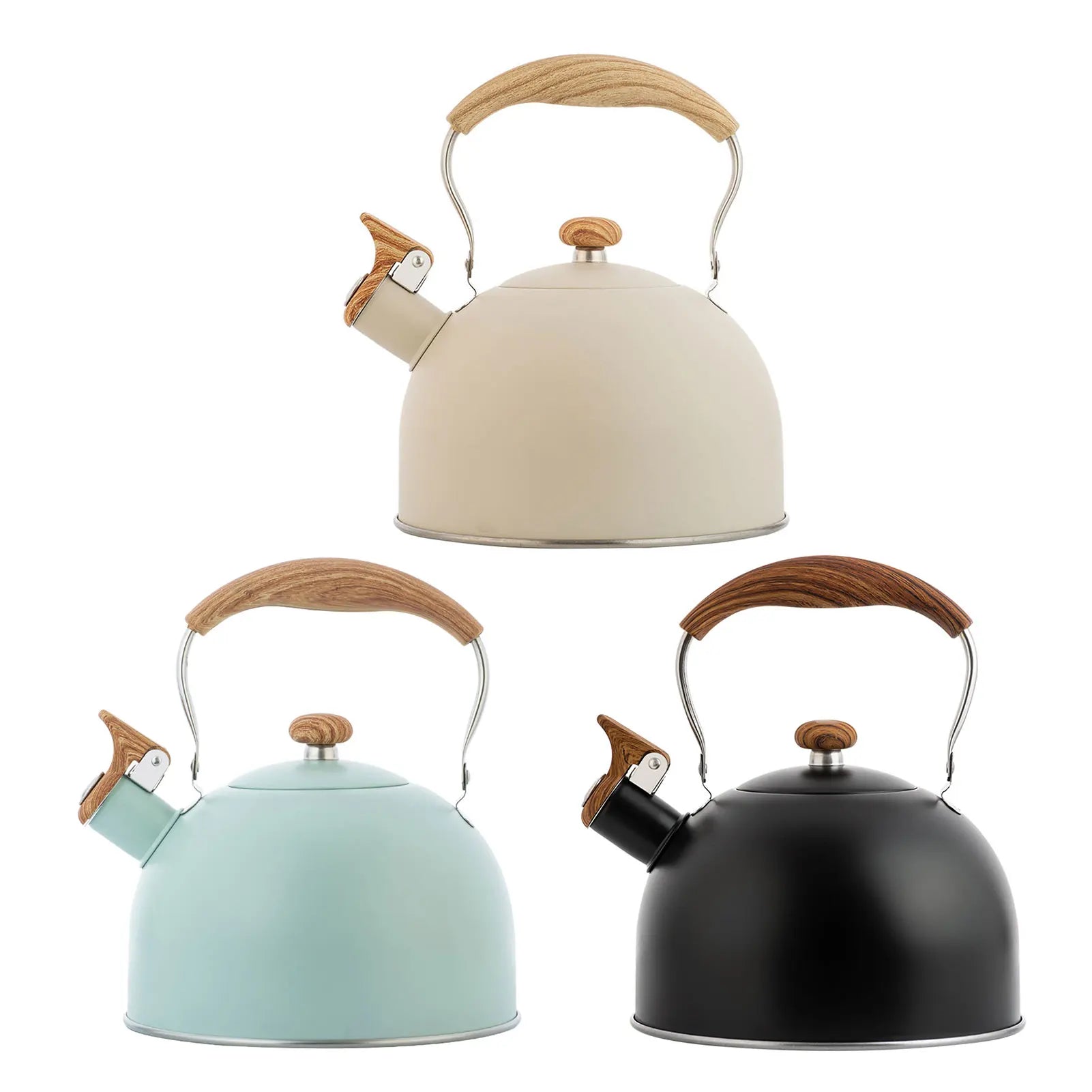 Castmoor Stainless Whistling Kettle, 2.5 L in Green, Black, and Beige