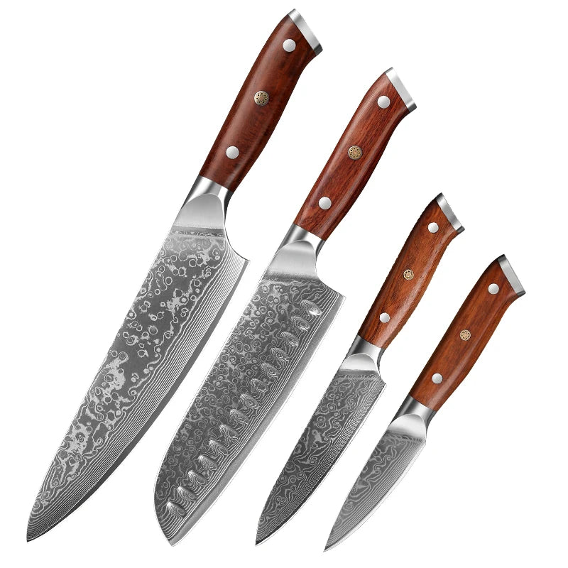 Castmoor Damascus Steel Knife 4 Piece Set with rosewood handles