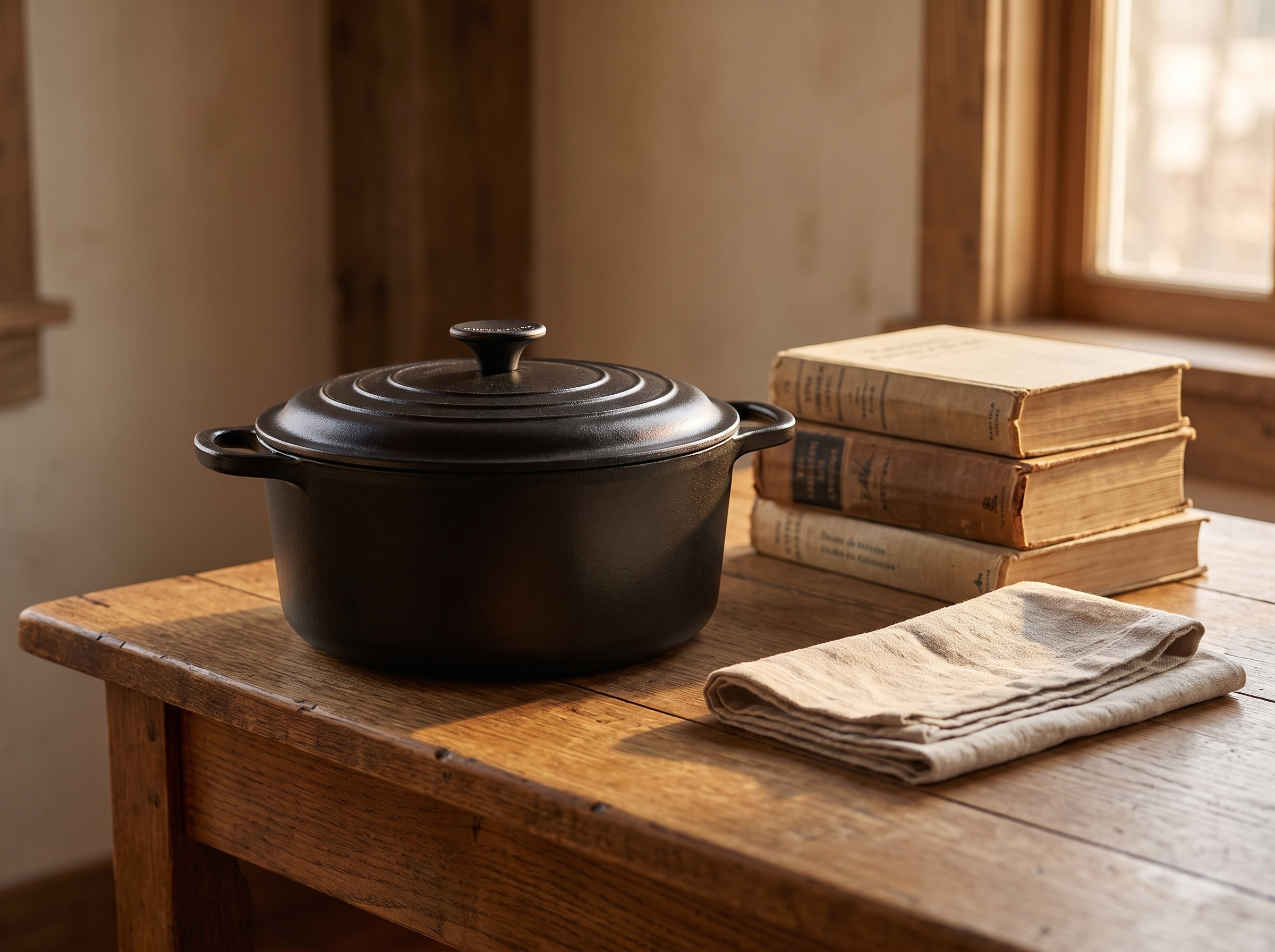 Cast iron Dutch oven beside a stack of old cookbooks