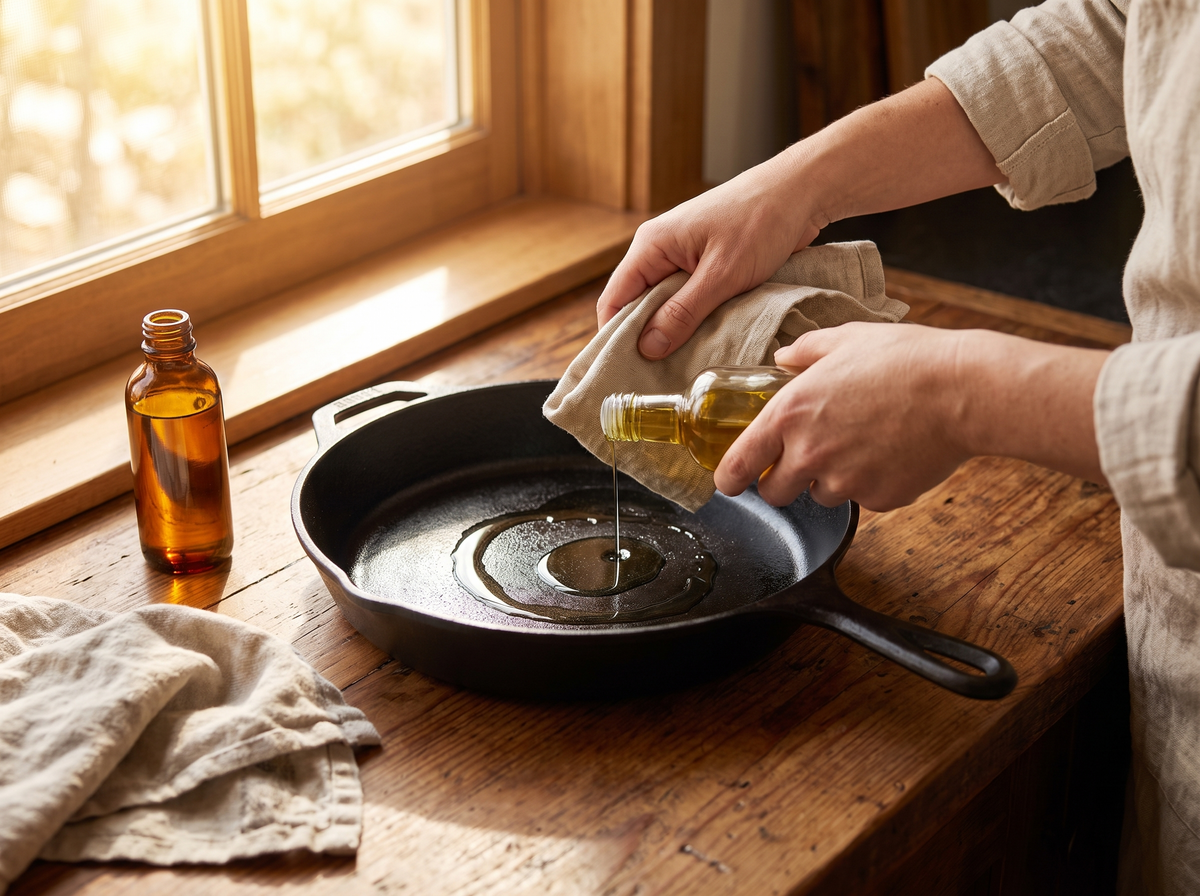 Hands oiling a cast iron skillet by a kitchen window