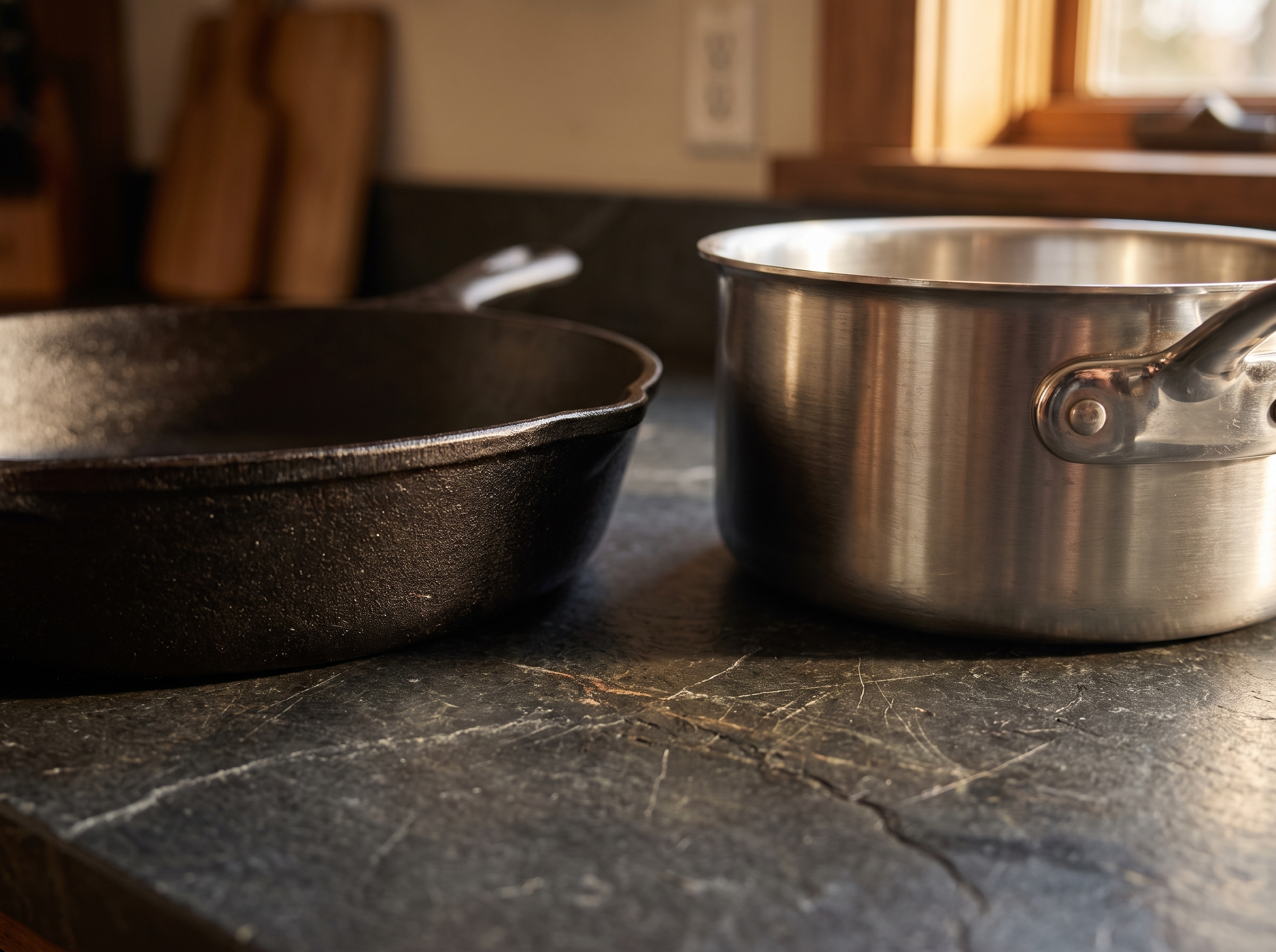 Close up of cast iron and stainless steel cookware surfaces