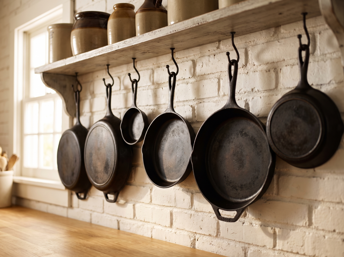 Well used cast iron skillets hanging on a farmhouse kitchen wall