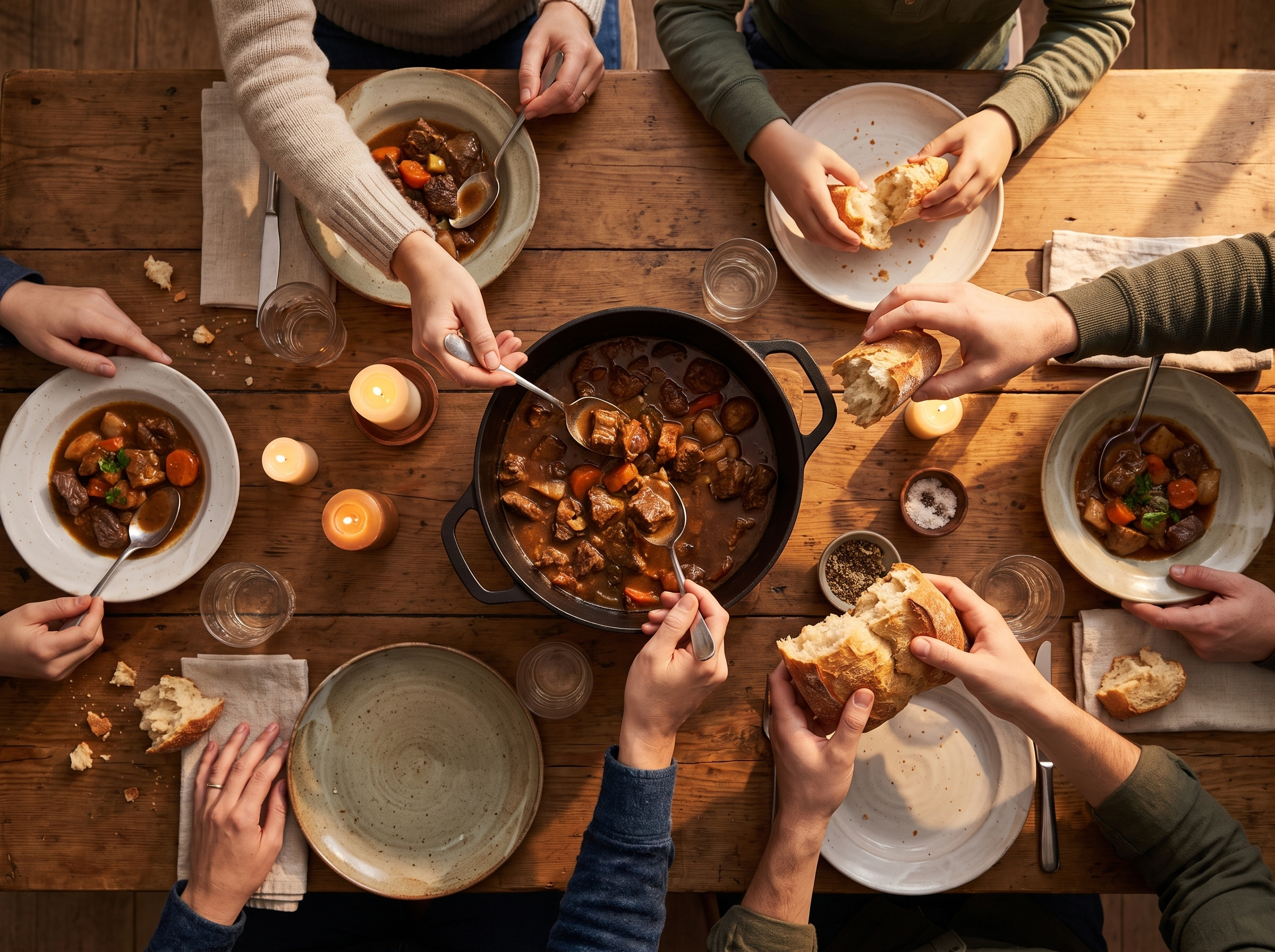 Family sharing stew from a cast iron Dutch oven at the dinner table