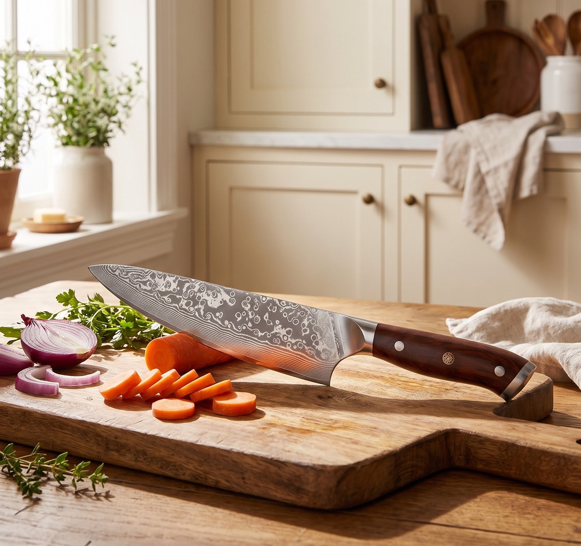 Castmoor Damascus chef knife with sliced vegetables