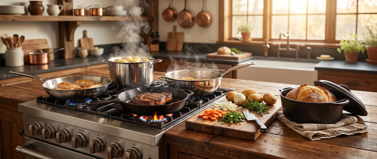 Castmoor cast iron and stainless cookware on a gas stove