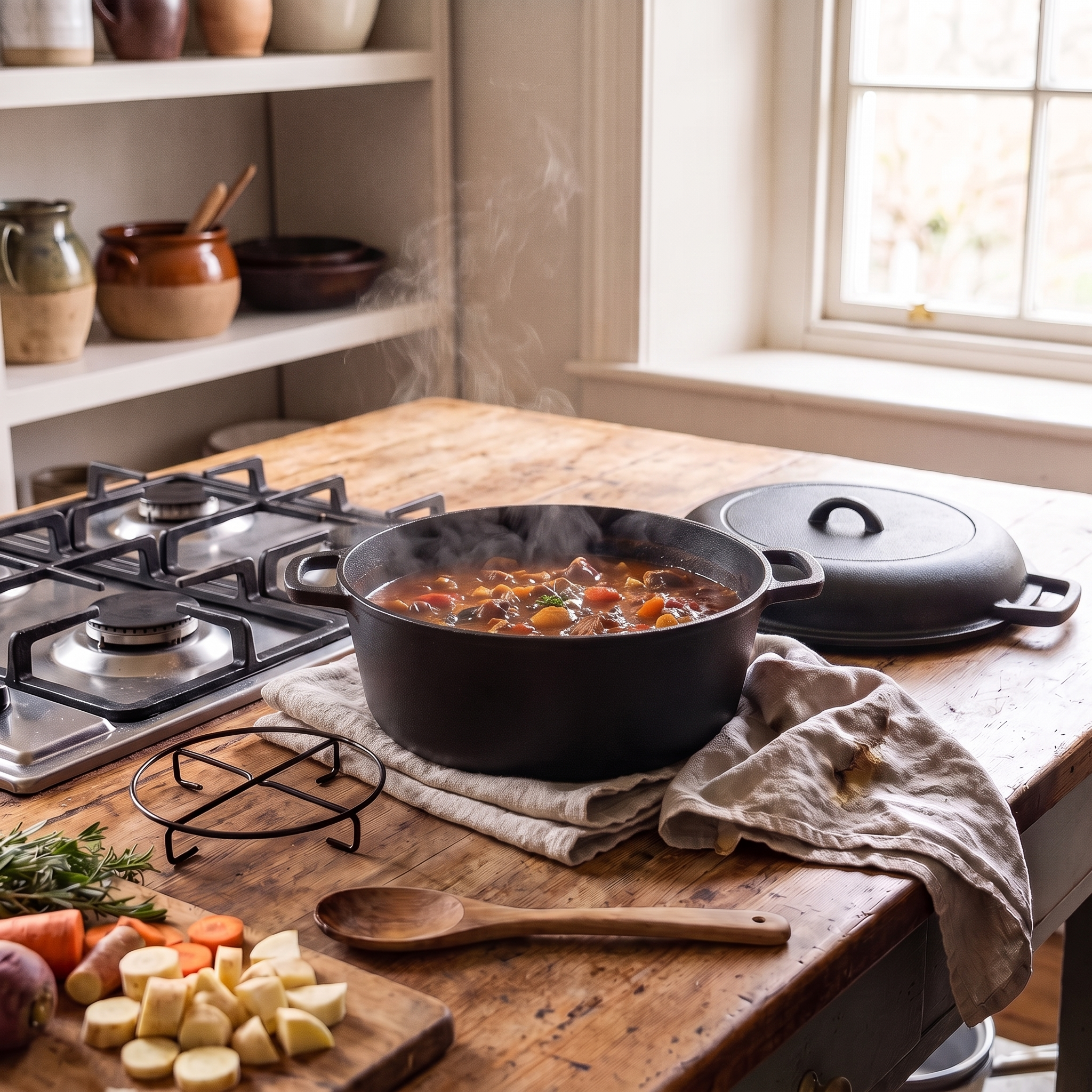 Castmoor Double Dutch Oven with the skillet lid set beside it