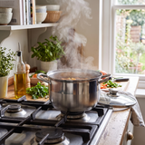Castmoor Stainless Stockpot with the glass lid set beside it