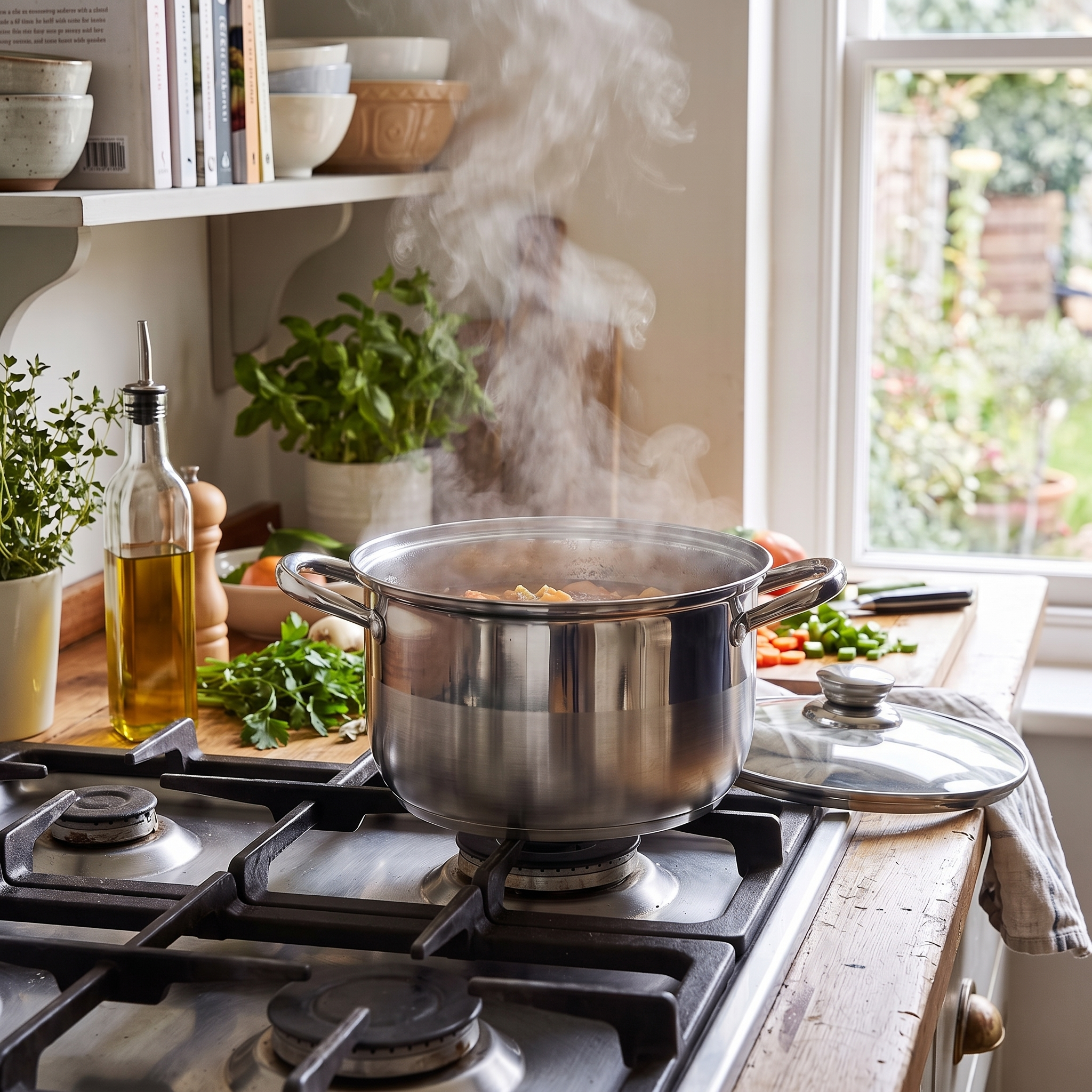Castmoor Stainless Stockpot with the glass lid set beside it