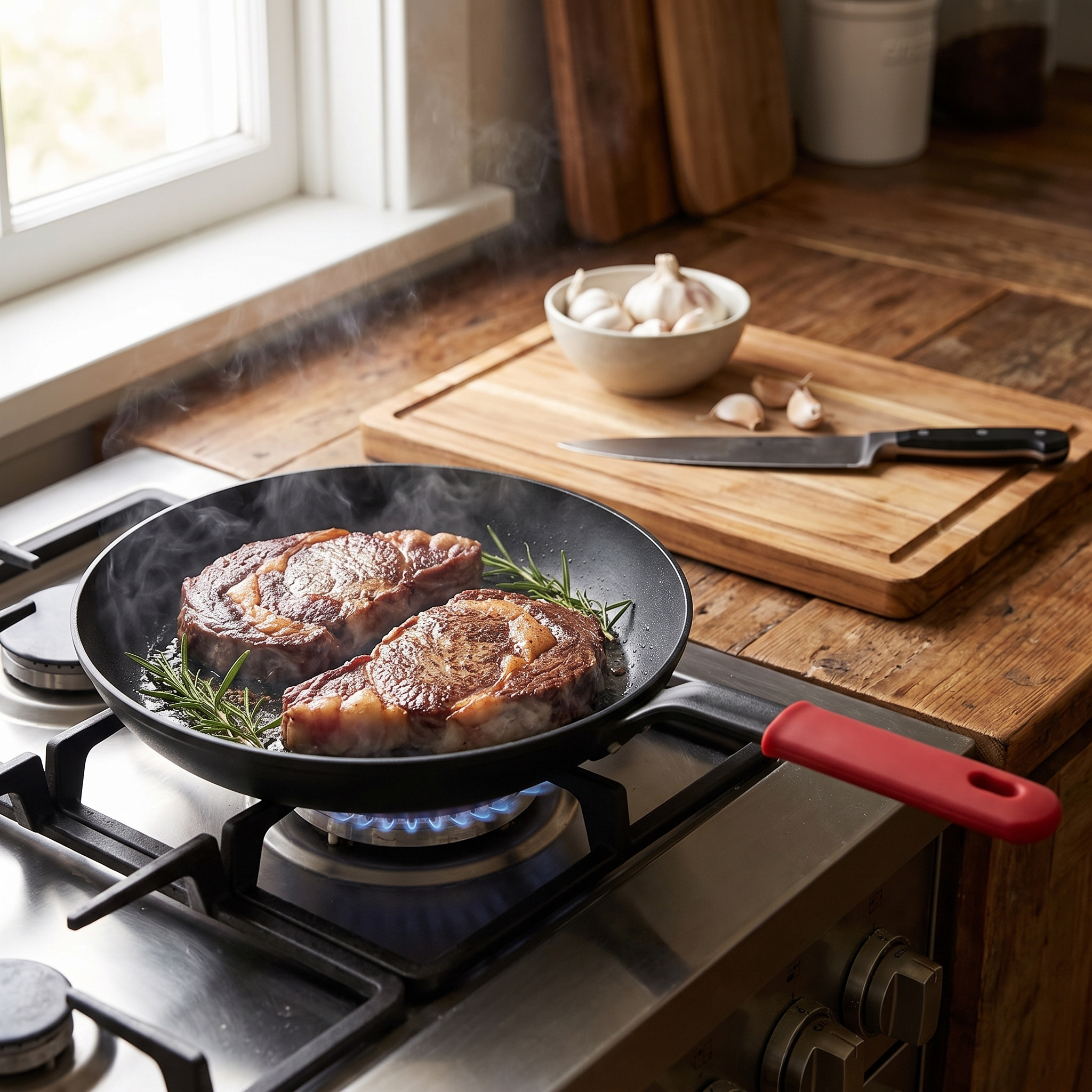 Castmoor 12 inch cast iron skillet searing steaks on a gas stove