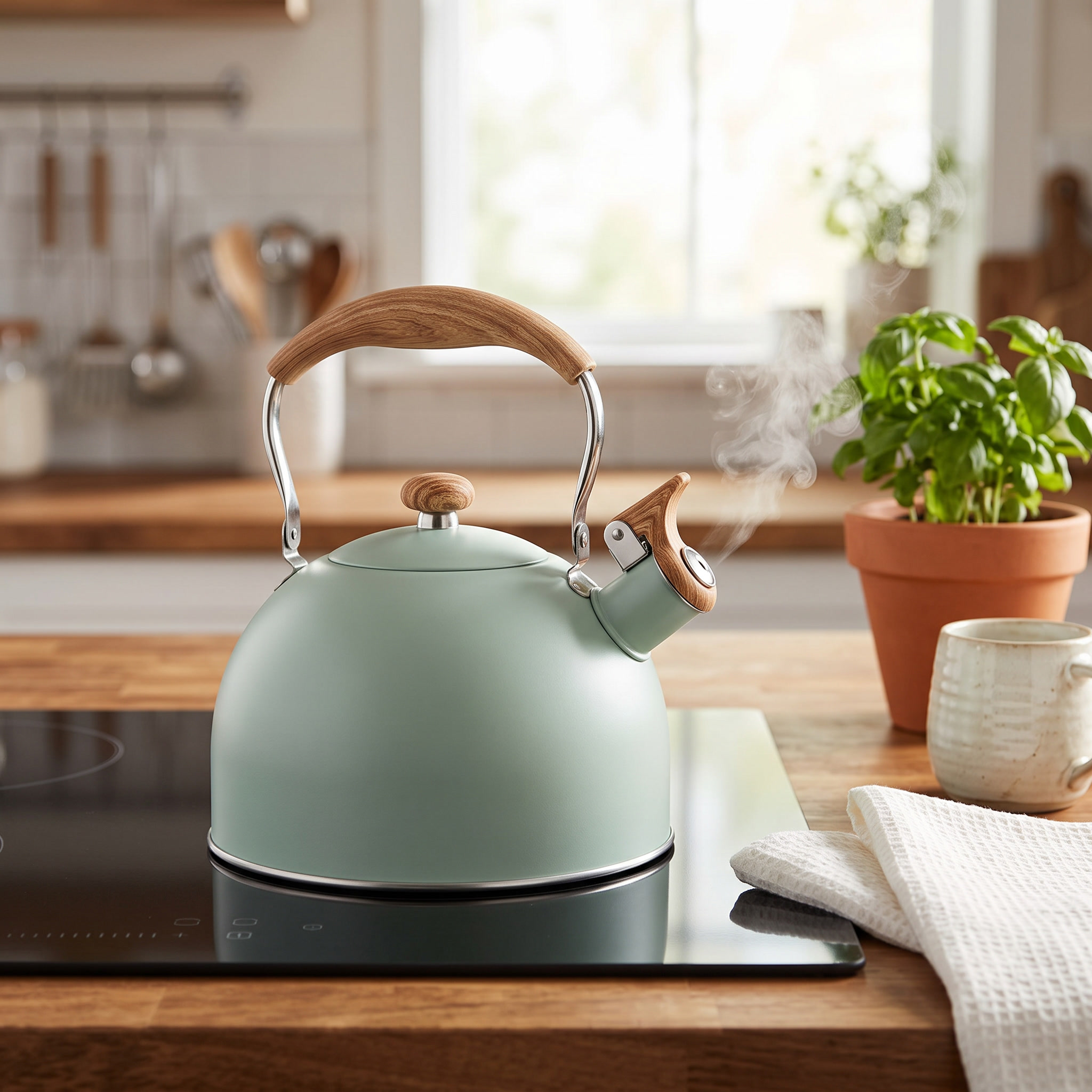 Castmoor green stainless whistling kettle on an induction cooktop