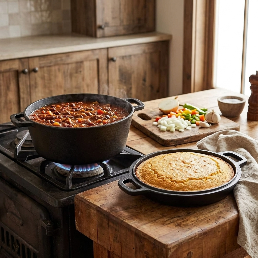 Castmoor Double Dutch Oven with Skillet Lid on a kitchen counter