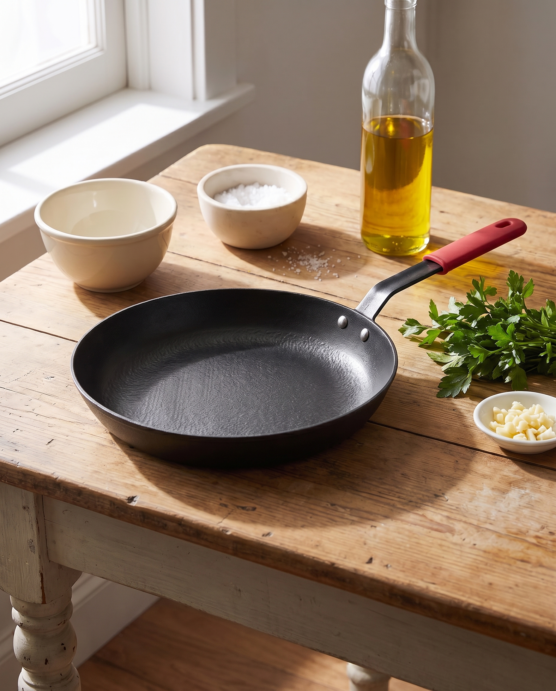 Castmoor 12 inch cast iron skillet on a farmhouse table