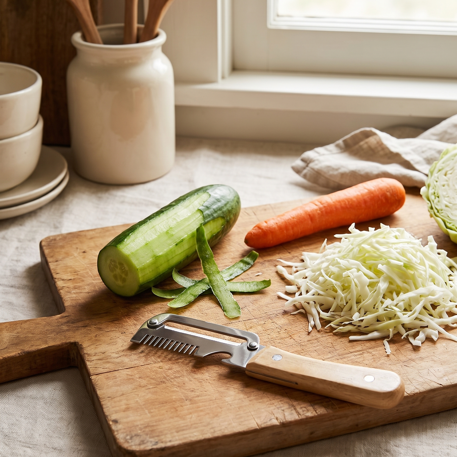 Castmoor wood handle peeler and slicer on a cutting board