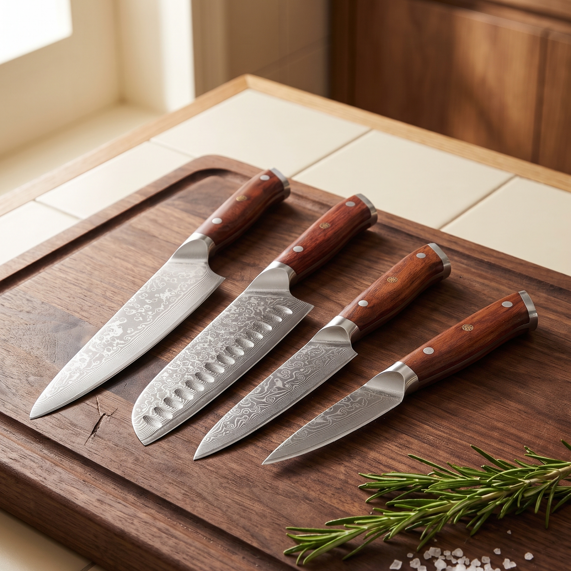 Castmoor Damascus steel knife set on a walnut cutting board