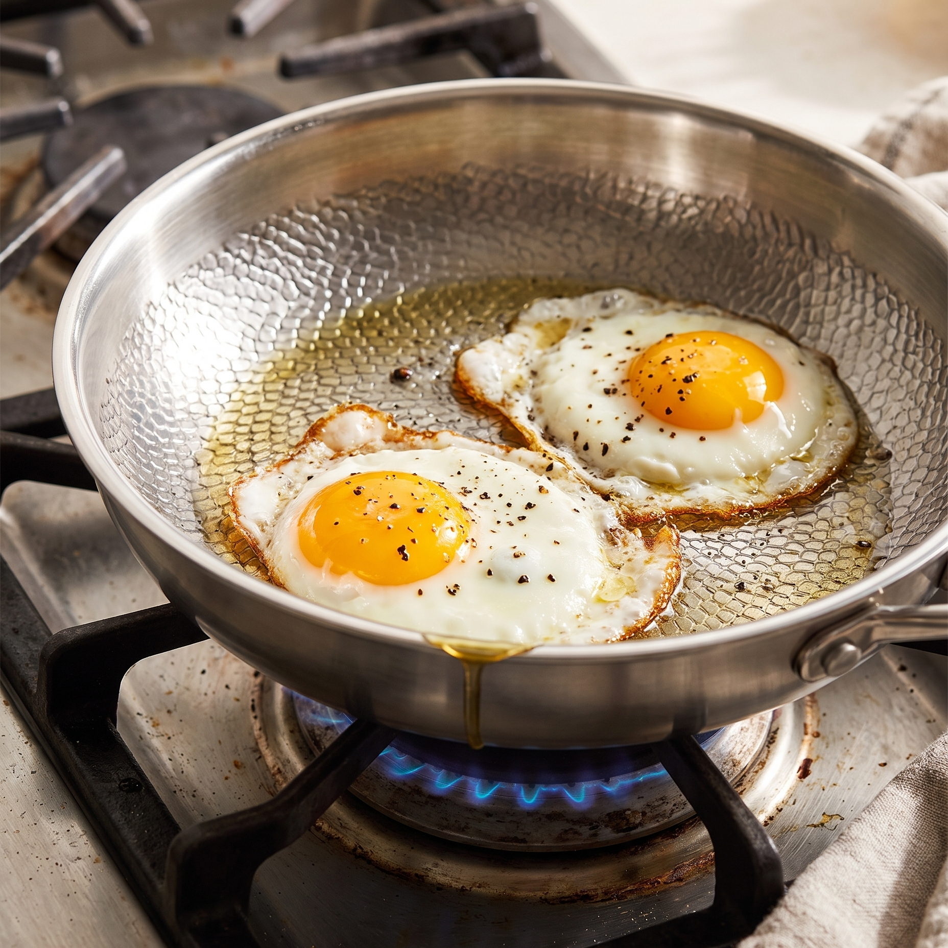 Castmoor stainless steel frying pan cooking eggs on a gas stove