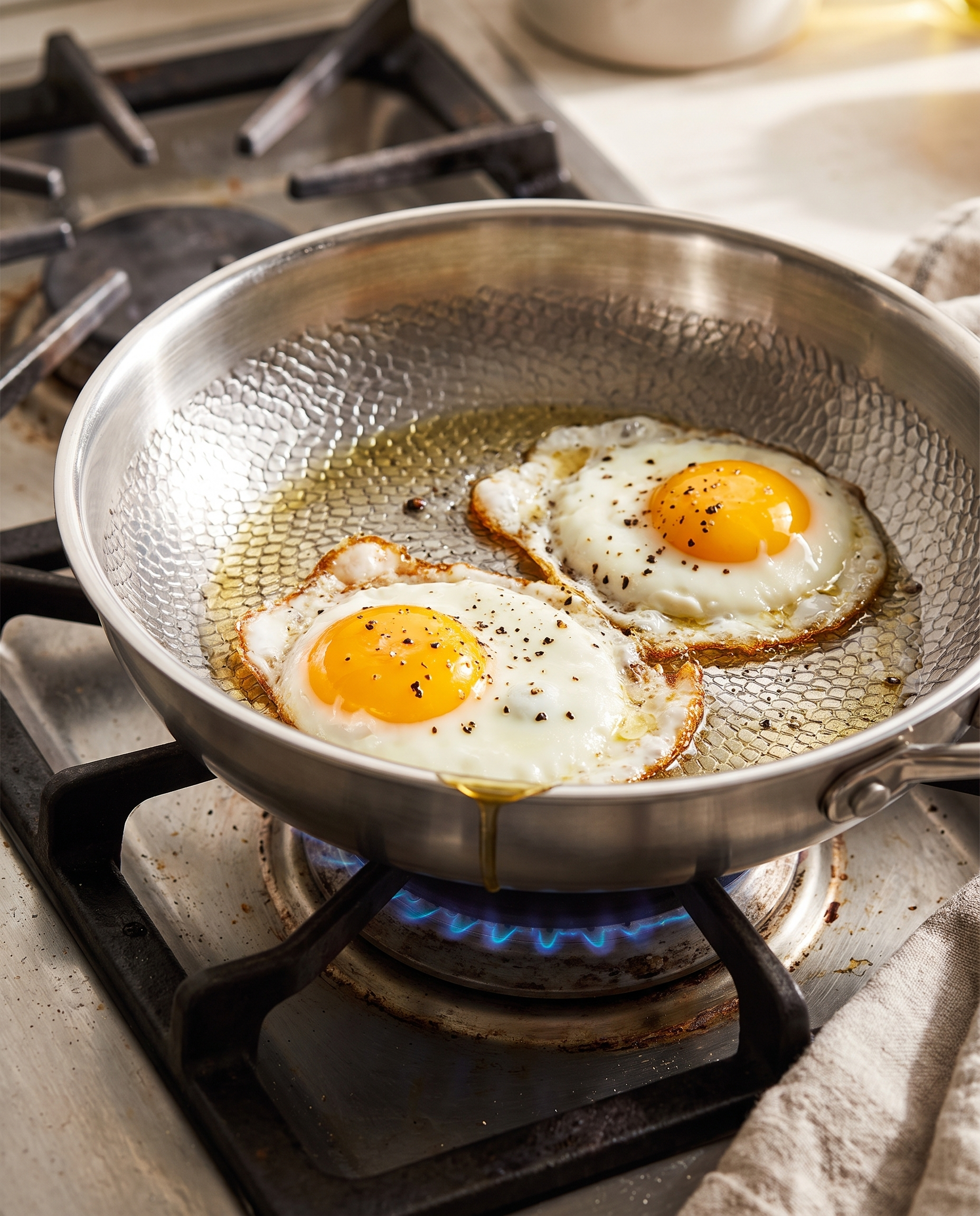 Castmoor stainless steel frying pan cooking eggs on a gas stove