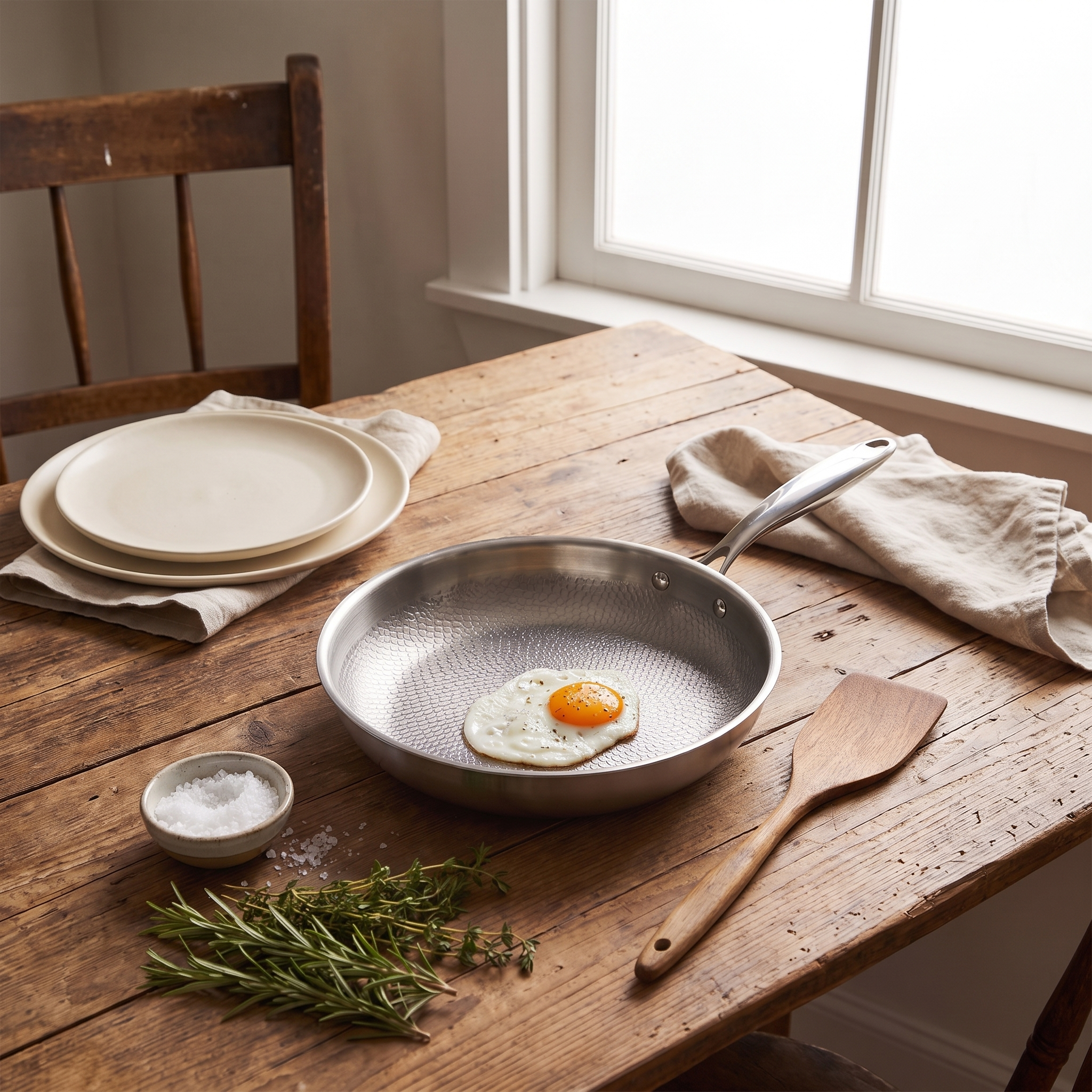 Castmoor stainless steel frying pan on a farmhouse table with a wooden spatula